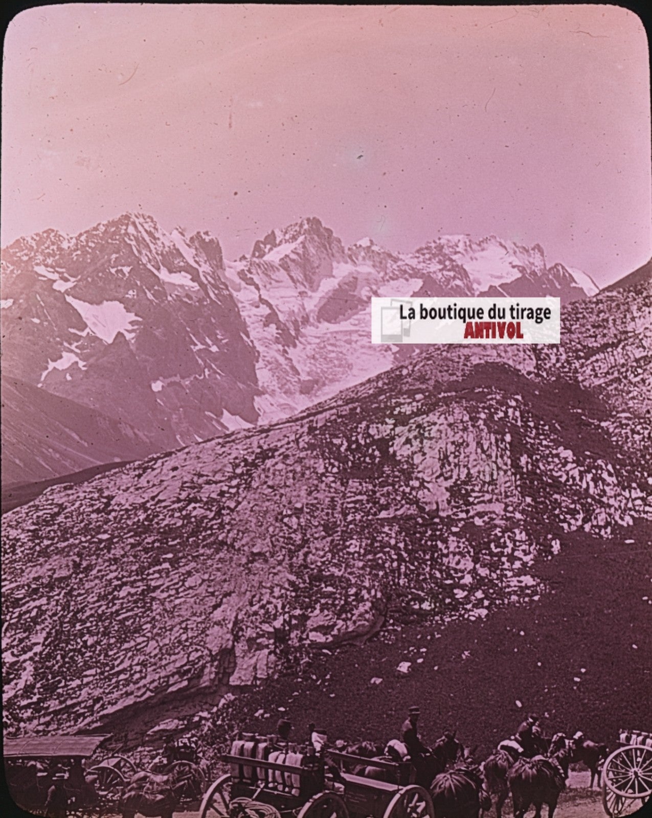 Chaîne de la Meije, photo J. Moulin, plaque verre, couleur, positif 8,5x10 cm