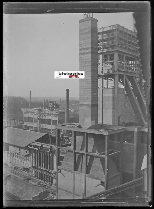 Usine, industrie, Plaque verre photo ancienne, négatif noir & blanc 6x9 cm