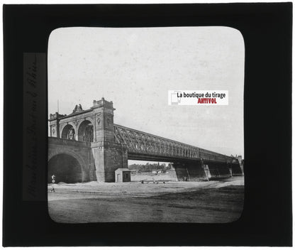 Pont sur le Rhin à Mannheim, Allemagne, photo plaque verre, positif 8,5x10 cm