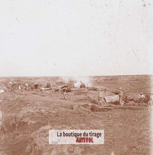 Batterie, Herbécourt, guerre WW1, plaque verre stéréo, photo 4,5x10,7 cm