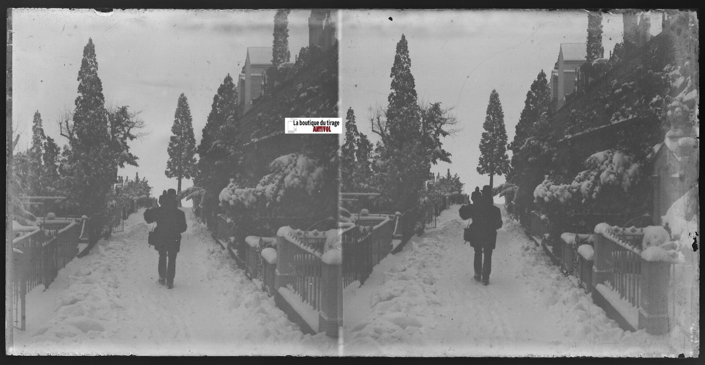 Cimetière, Plaque verre photo ancienne, stéréo négatif noir & blanc 9x18 cm