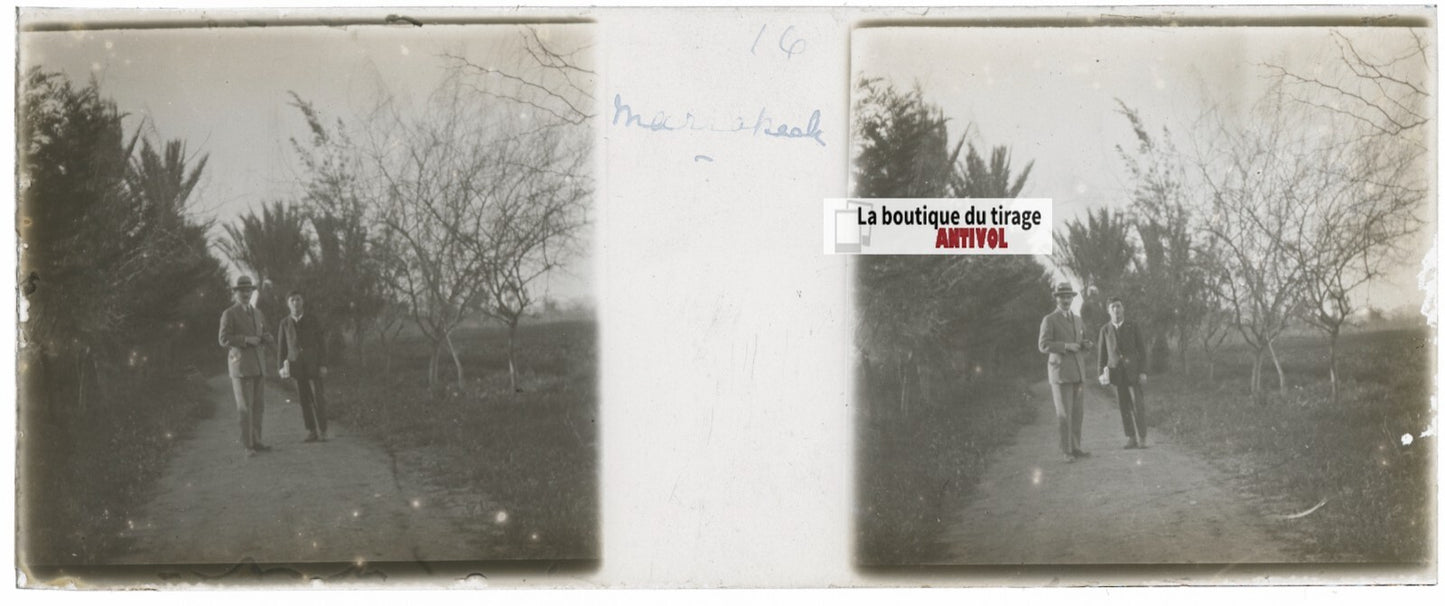 Marrakech Maroc, Plaque verre stéréoscopie, positif noir & blanc 4,5x10,7 cm