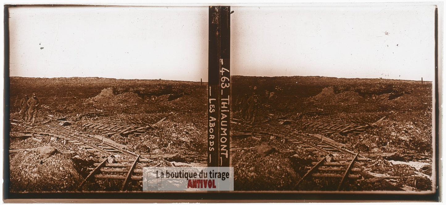 Thiaumont, 1916, guerre WW1, plaque verre photo ancienne stéréo 6x13 cm