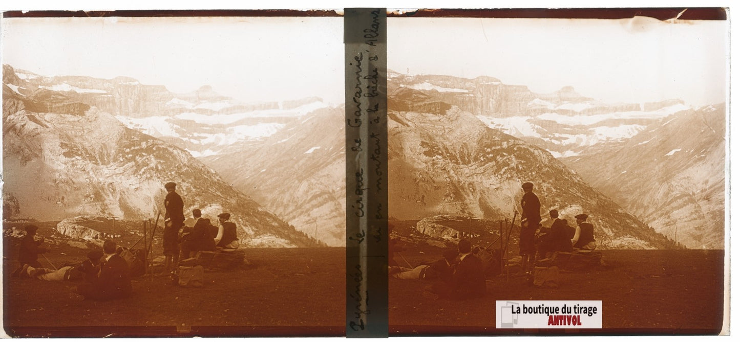Cirque de Gavarnie, Pyrénées, plaque verre photo stéréo, sépia 6x13 cm