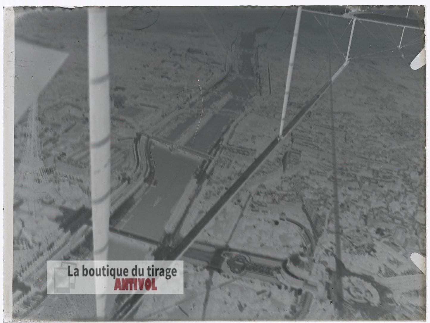 Vue aérienne Paris, Seine, plaque verre, photo ancienne, négatif 9x12 cm