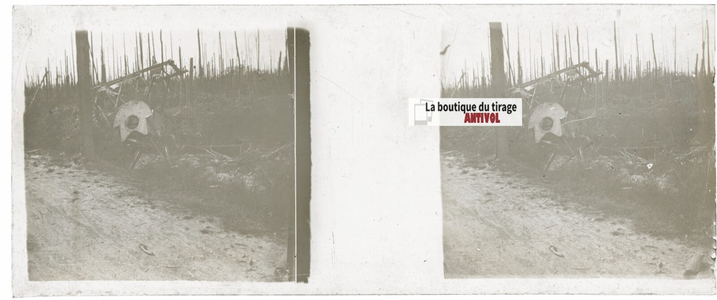 Crash avion guerre, Plaque verre stéréo, positif noir & blanc 4,5x10,7 cm