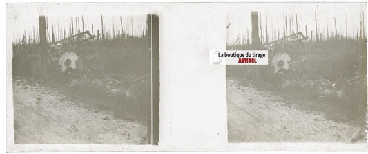Crash avion guerre, Plaque verre stéréo, positif noir & blanc 4,5x10,7 cm