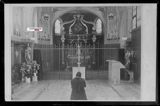 Mulhouse, église, Plaque verre photo ancienne, négatif noir & blanc 10x15 cm