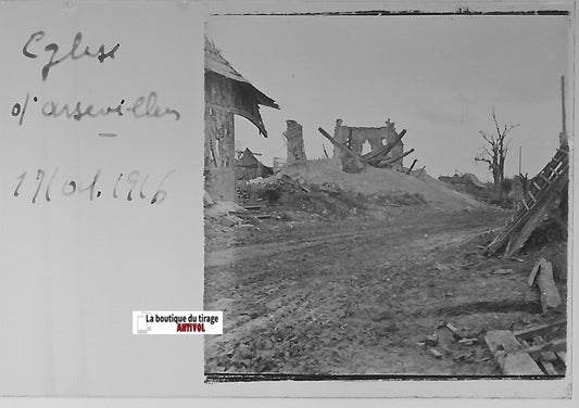 Assevillers église, Plaque verre stéréo, positif ancien noir & blanc 4,5x10,7 cm