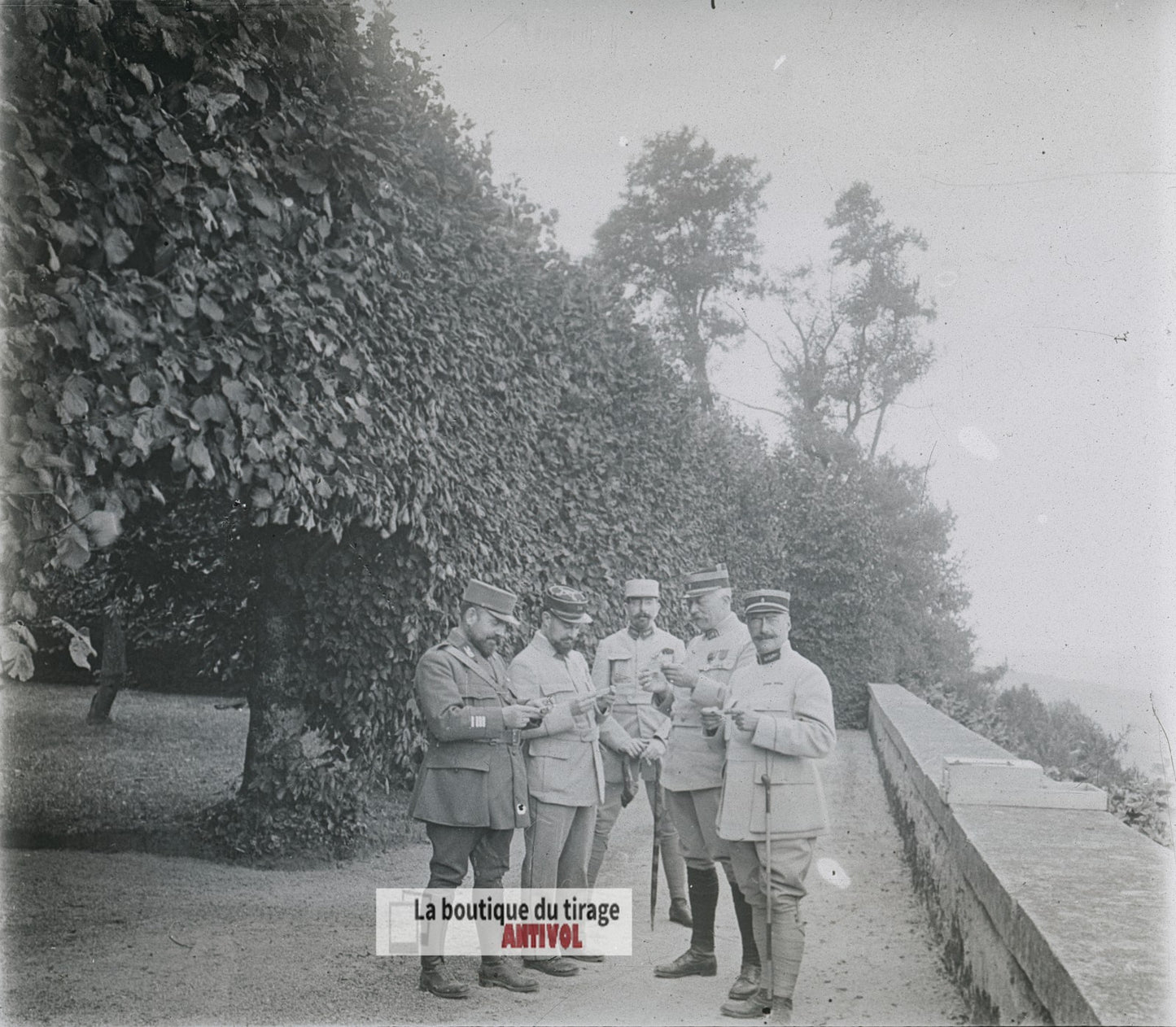 Officiers français, courrier, WW1, plaque verre photo ancienne stéréo 6x13 cm