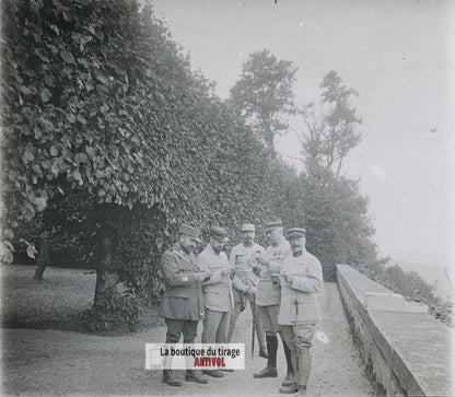 Officiers français, courrier, WW1, plaque verre photo ancienne stéréo 6x13 cm