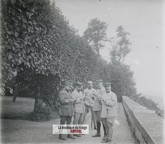 Officiers français, courrier, WW1, plaque verre photo ancienne stéréo 6x13 cm