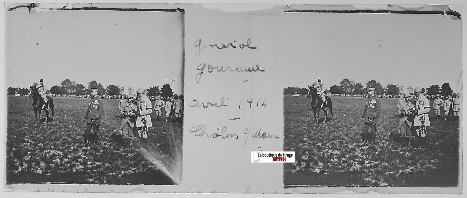 Gouraud général, Plaque verre stéréo positif ancien noir & blanc 4,5x10,7 cm