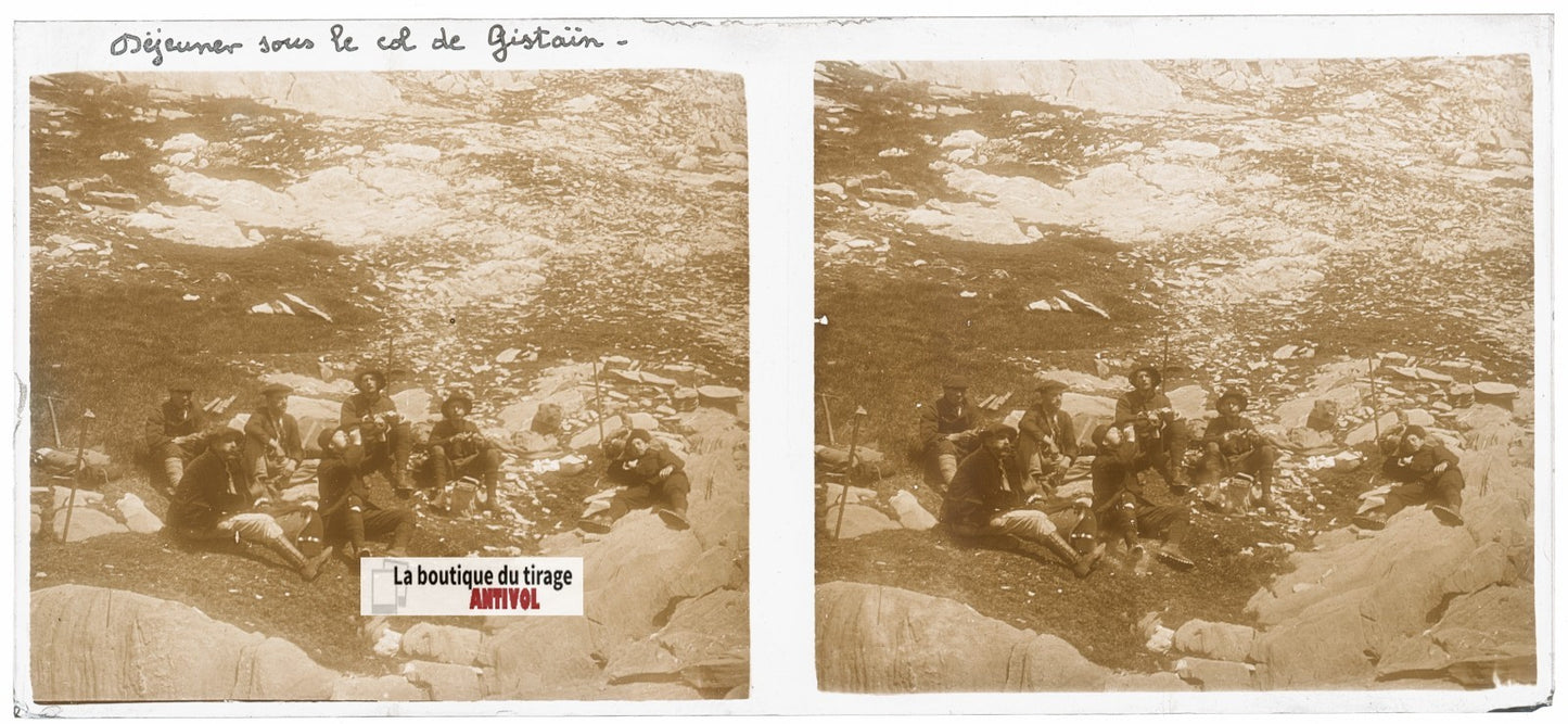 Col de Gistain, Pyrénées, plaque verre, photo ancienne stéréo, sépia 6x13 cm