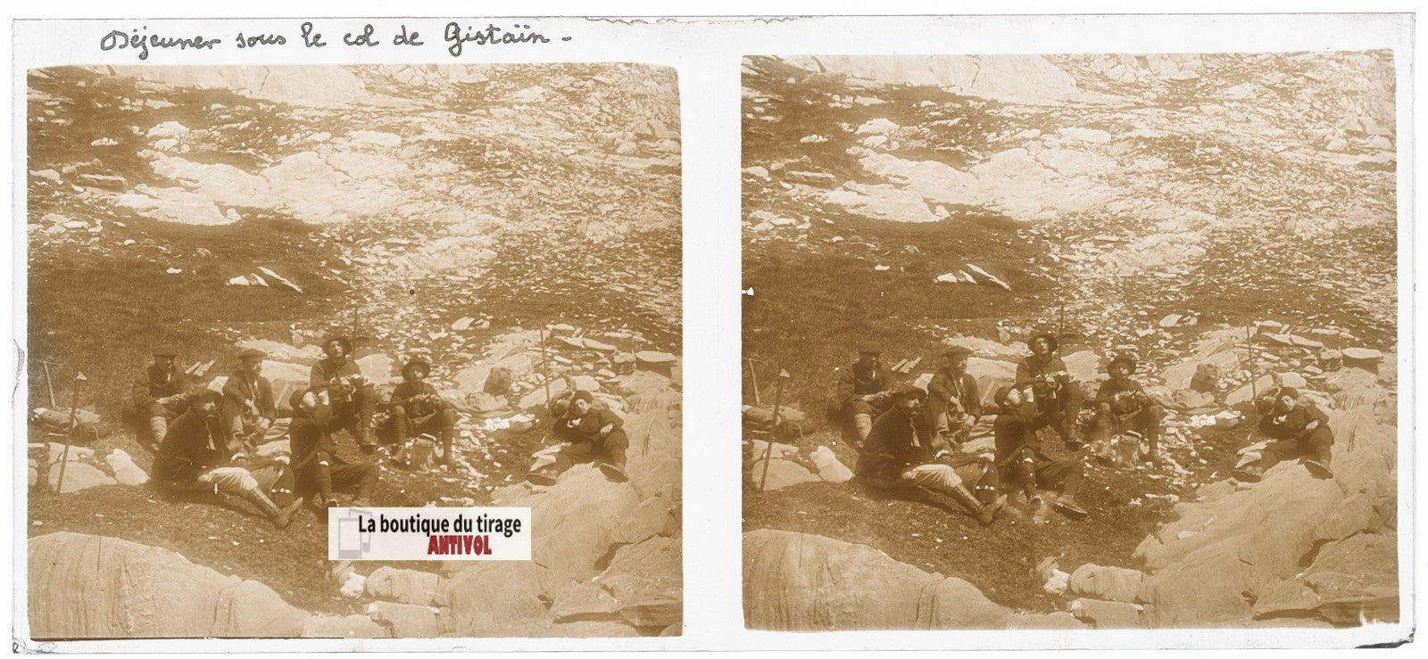 Col de Gistain, Pyrénées, plaque verre, photo ancienne stéréo, sépia 6x13 cm