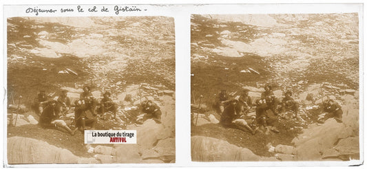 Col de Gistain, Pyrénées, plaque verre, photo ancienne stéréo, sépia 6x13 cm