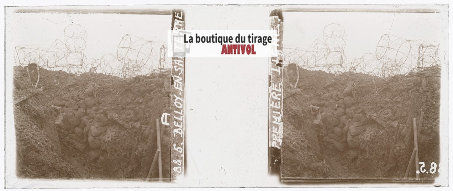 Belloy-en-Santerre, guerre WW1, plaque verre stéréo, photo ancienne 4,5x10,7 cm