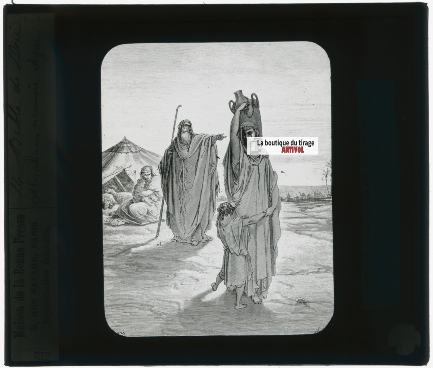 Histoire, Bible Doré, dessin, plaque de verre, noir & blanc, positif 8,5x10 cm