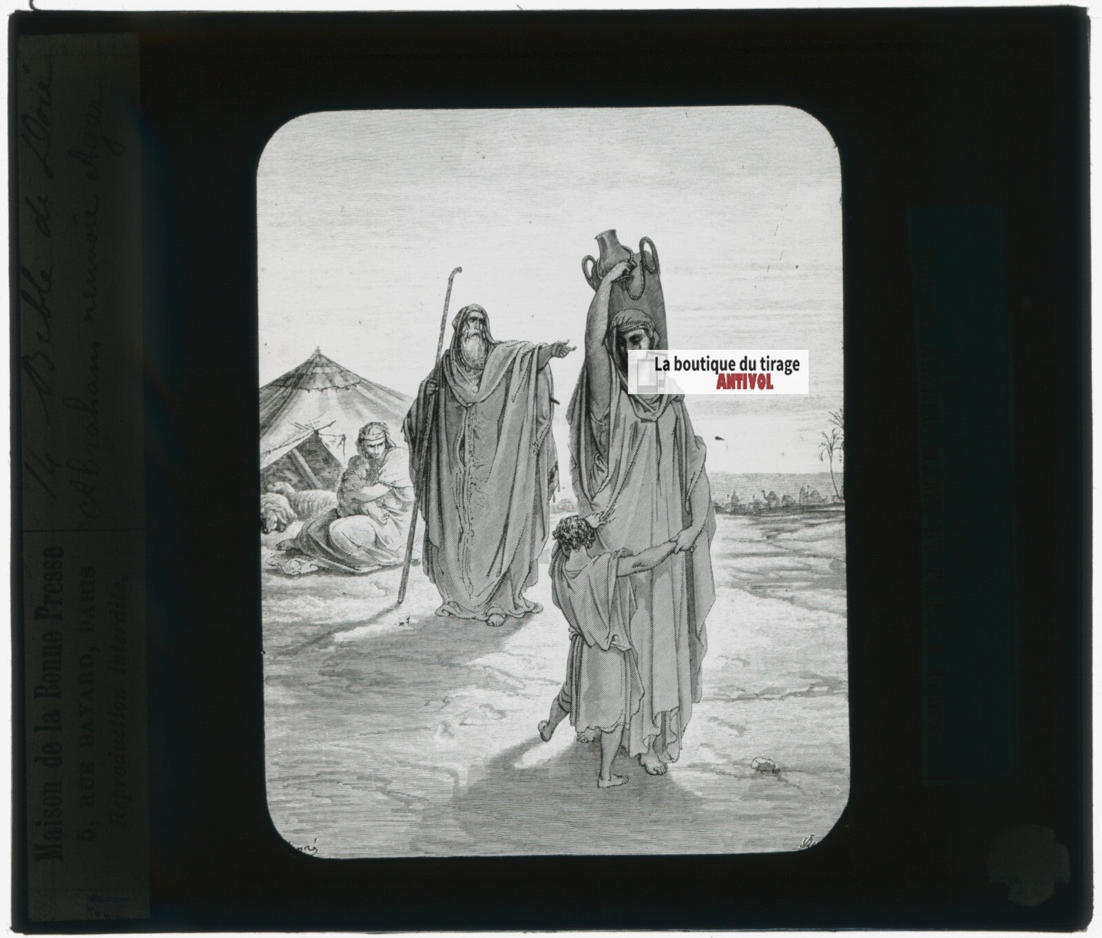 Histoire, Bible Doré, dessin, plaque de verre, noir & blanc, positif 8,5x10 cm