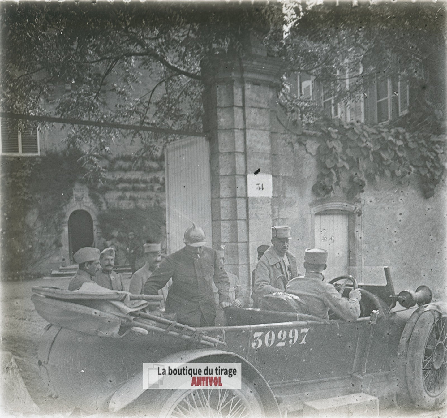 Voiture, officiers, guerre WW1, plaque verre photo ancienne stéréo 6x13 cm