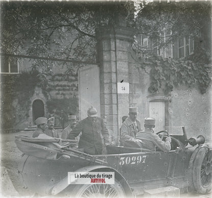 Voiture, officiers, guerre WW1, plaque verre photo ancienne stéréo 6x13 cm