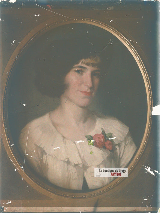 Portrait féminin, plaque verre, photo ancienne stéréo 9x12 cm Autochrome