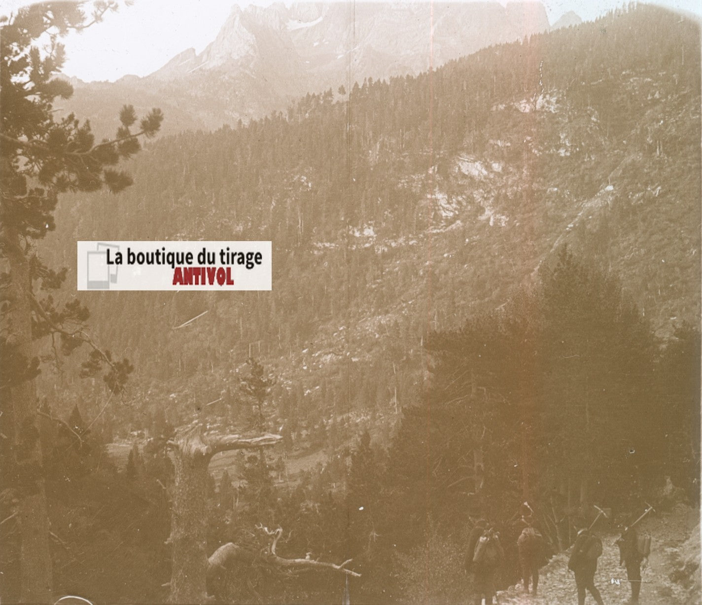 Gorges dans la Vallée d’Astós, plaque verre, photo stéréo, sépia 6x13 cm