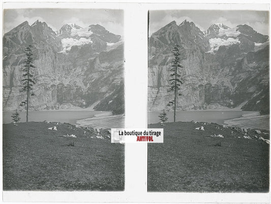 Oeschinensee, Alpes Suisse, stéréo photo plaque verre, noir & blanc, 9x12 cm