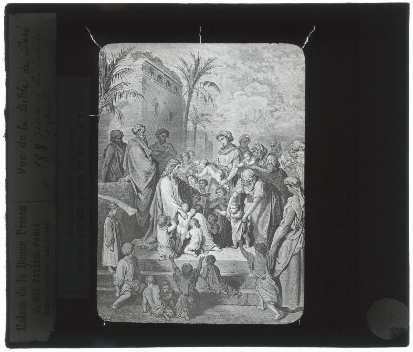 Jésus et les enfants, Bible de Doré, dessin, plaque verre, positif 8,5x10 cm