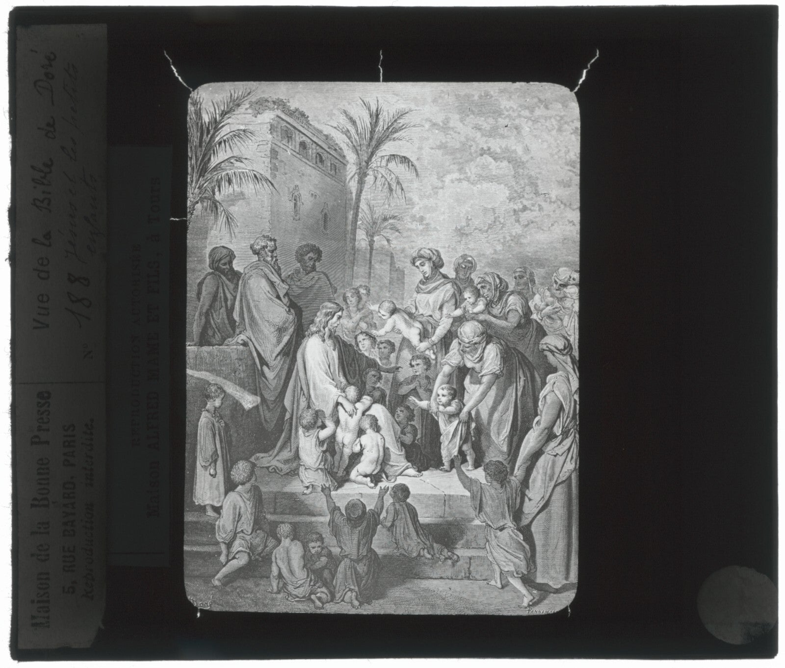 Jésus et les enfants, Bible de Doré, dessin, plaque verre, positif 8,5x10 cm