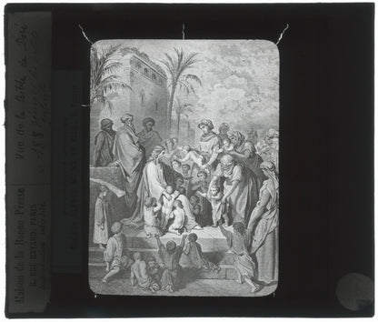 Jésus et les enfants, Bible de Doré, dessin, plaque verre, positif 8,5x10 cm