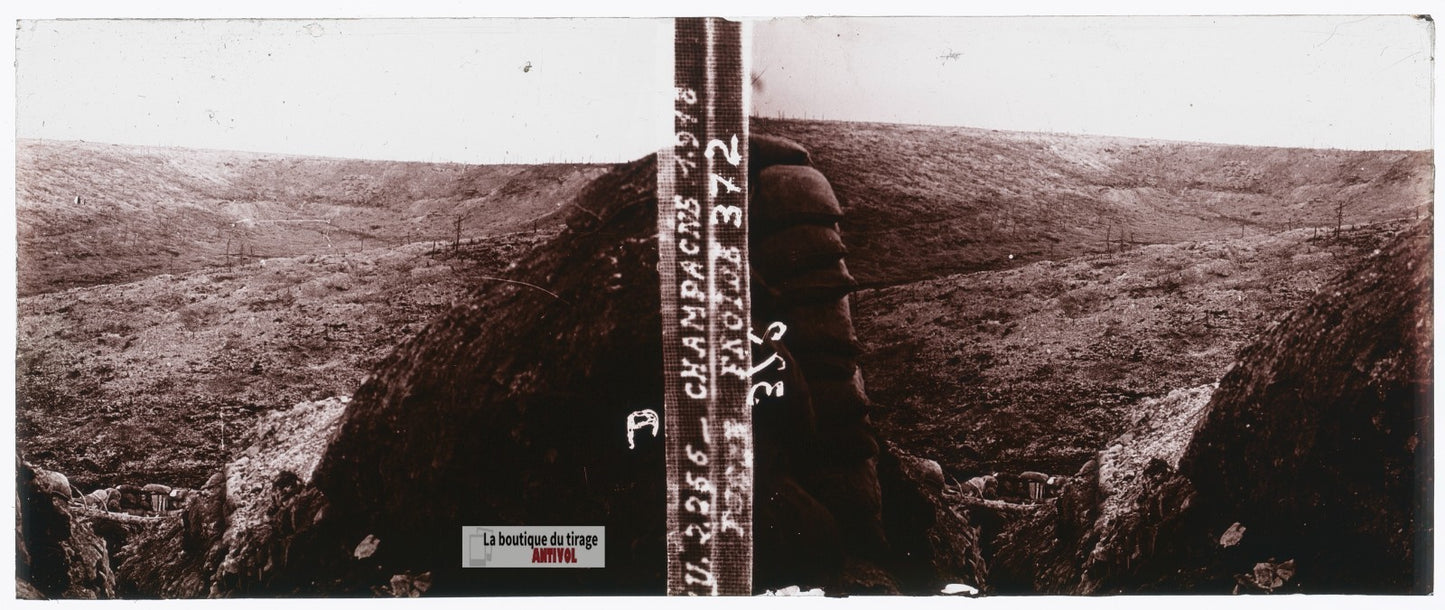 Champagne, tranchée, guerre WW1, plaque verre stéréo, photo 4,5x10,7 cm
