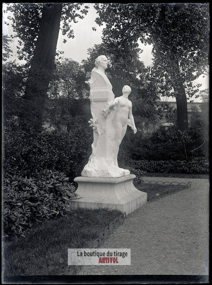 Paris, Square Gambetta, Houdon, plaque verre, photo ancienne, négatif 9x12 cm