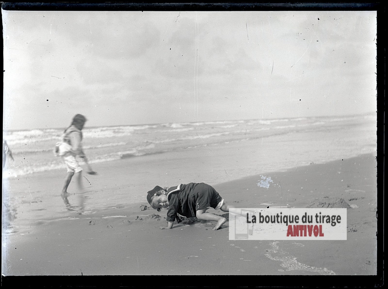 Jeux d'enfants, Berck-Plage, plaque verre photo ancienne, négatif 9x12 cm