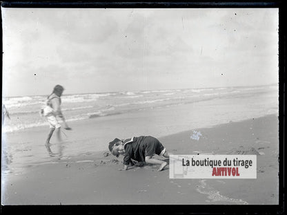 Jeux d'enfants, Berck-Plage, plaque verre photo ancienne, négatif 9x12 cm
