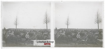 Artillerie hippomobile, chevaux WW1, plaque verre photo ancienne stéréo 6x13 cm