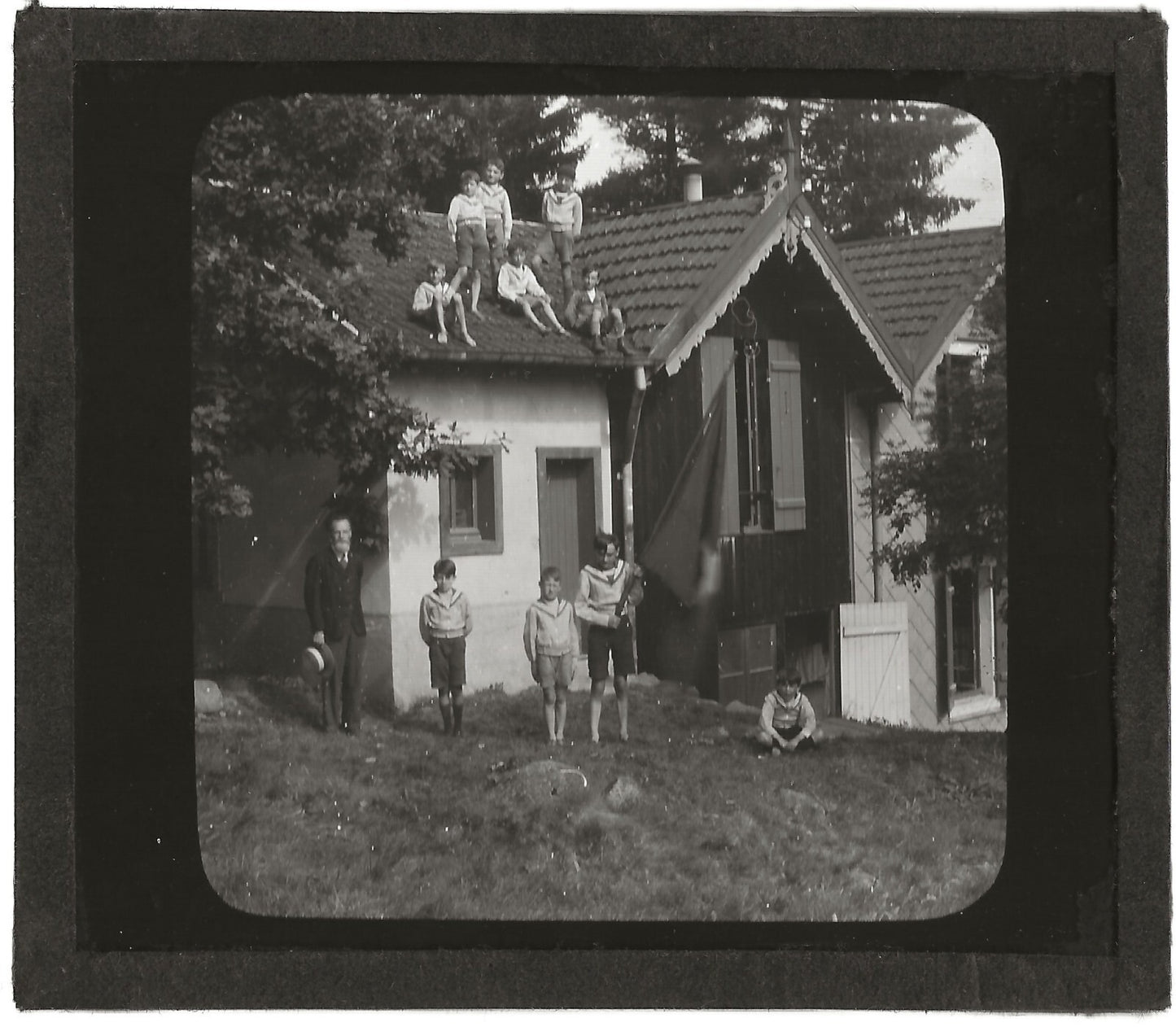 Maison de campagne, enfants, photo plaque de verre, positif 8,5x10 cm