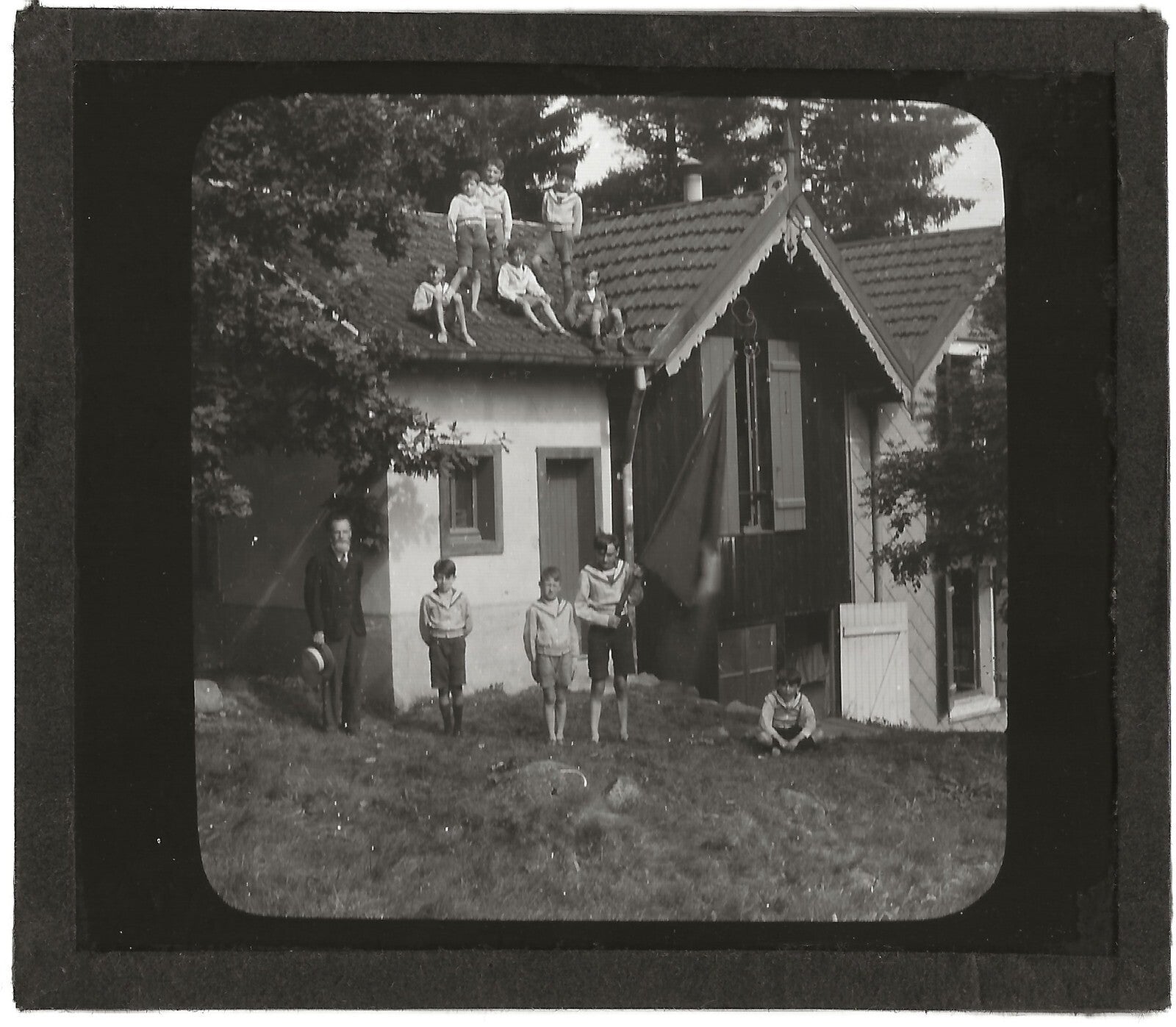 Maison de campagne, enfants, photo plaque de verre, positif 8,5x10 cm