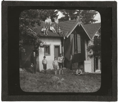 Maison de campagne, enfants, photo plaque de verre, positif 8,5x10 cm