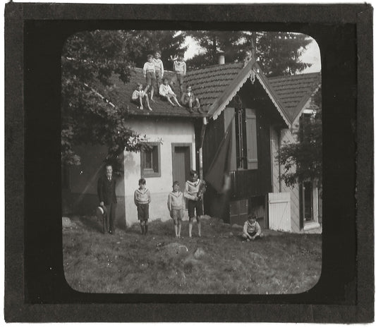 Maison de campagne, enfants, photo plaque de verre, positif 8,5x10 cm