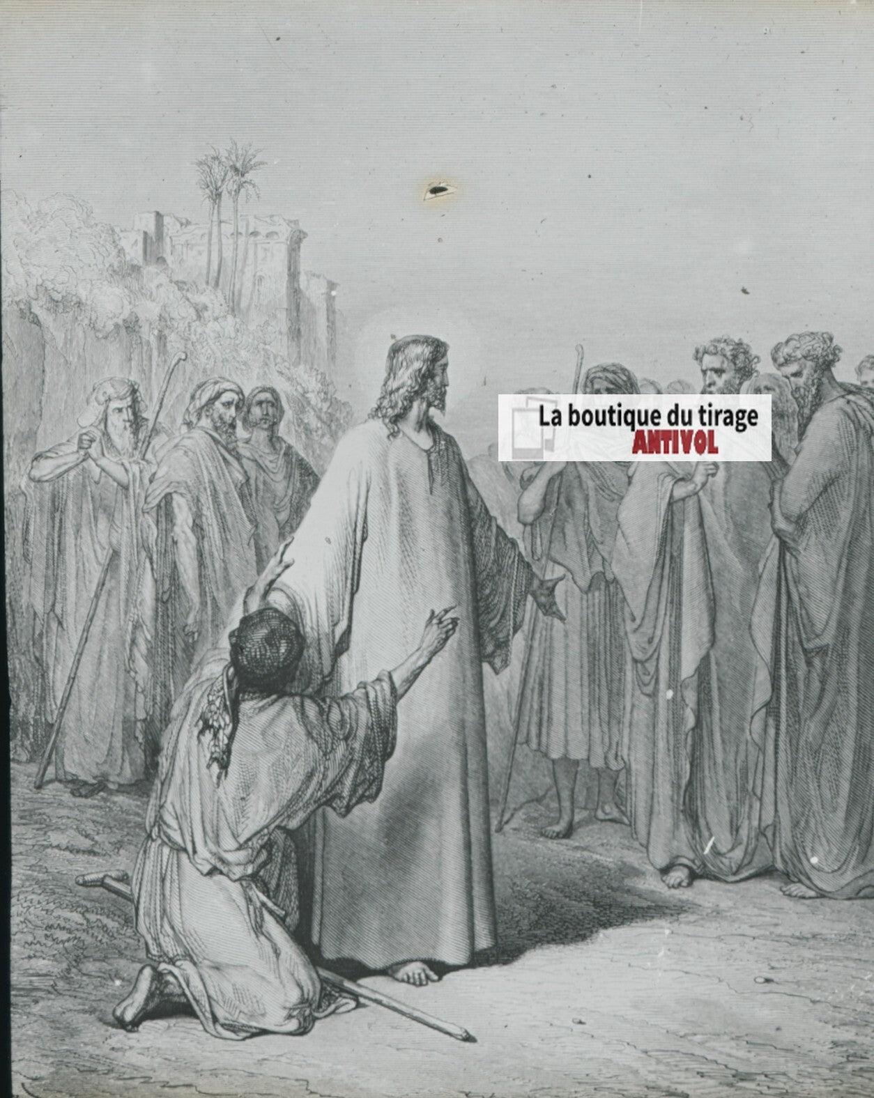 Histoire, Bible Doré, dessin, plaque de verre, noir & blanc, positif 8,5x10 cm