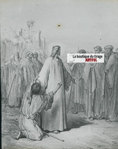 Histoire, Bible Doré, dessin, plaque de verre, noir & blanc, positif 8,5x10 cm