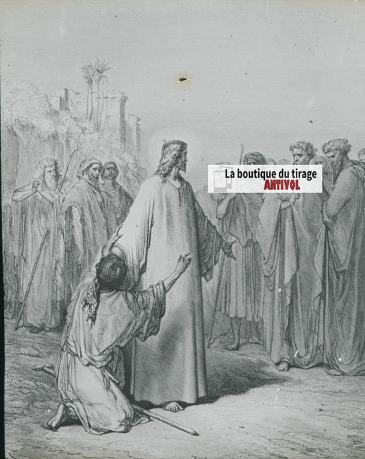 Histoire, Bible Doré, dessin, plaque de verre, noir & blanc, positif 8,5x10 cm