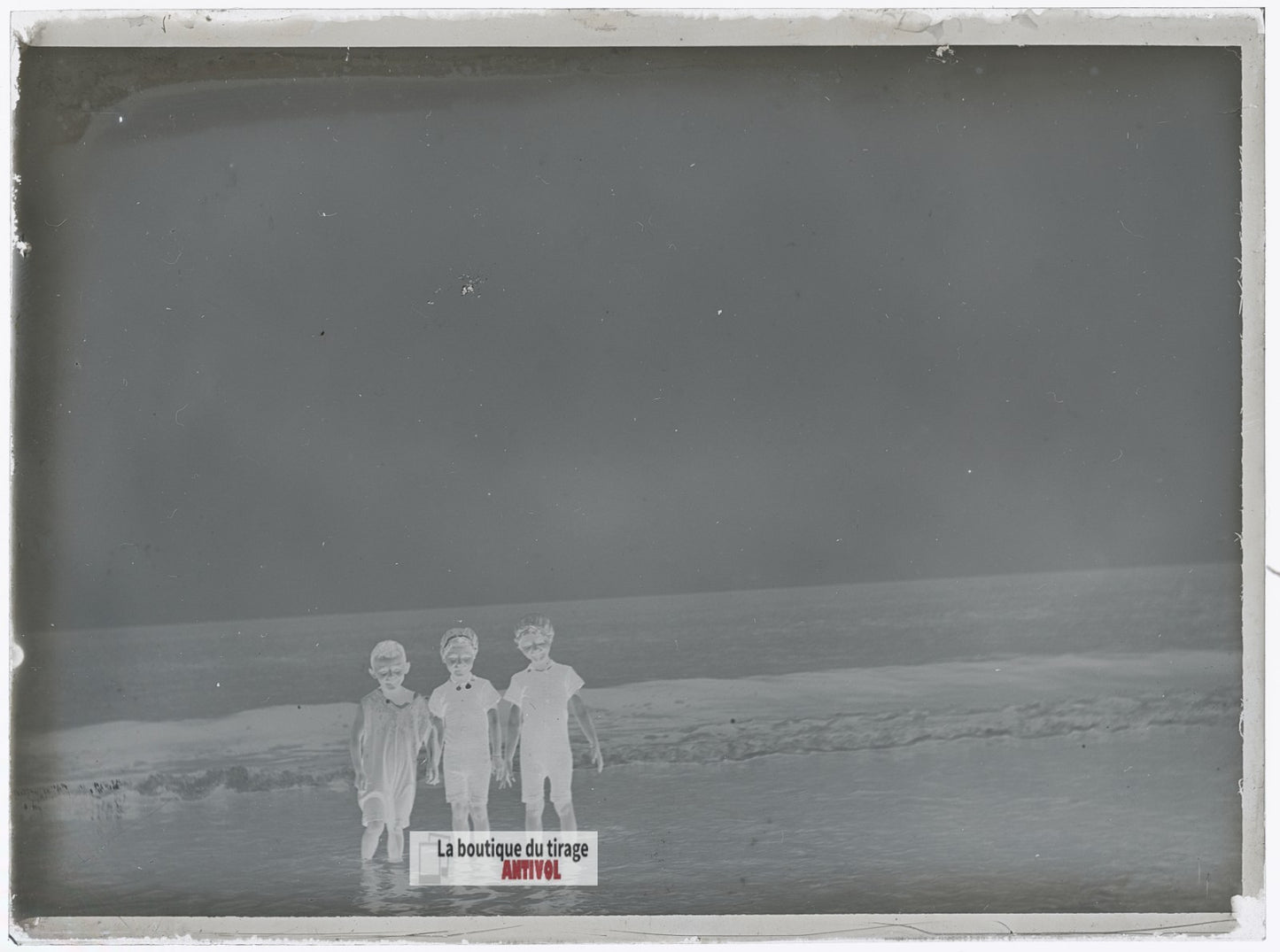 Berck-sur-Mer, baignade enfants, plaque verre photo ancienne, négatif 9x12 cm
