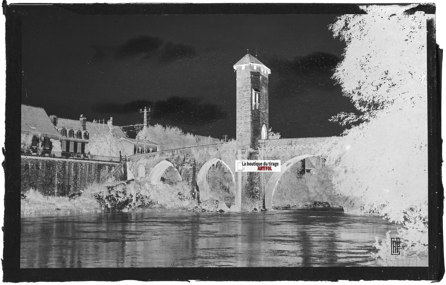 Plaque verre photo ancienne, négatif noir & blanc 9x14 cm, Orthez, pont Vieux