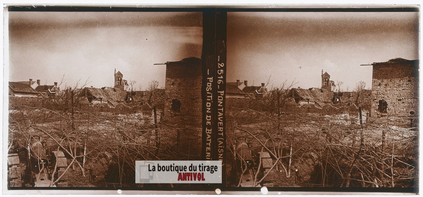 Pontavert, Aisne, guerre WW1, plaque verre photo ancienne stéréo 6x13 cm