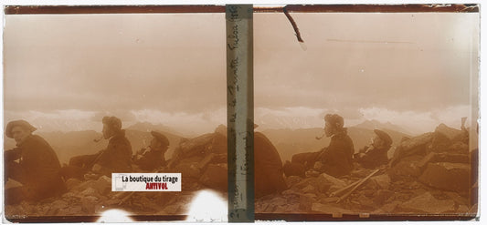 Sommet Punta Fulsa Espagne, plaque verre, photo ancienne stéréo, sépia 6x13 cm