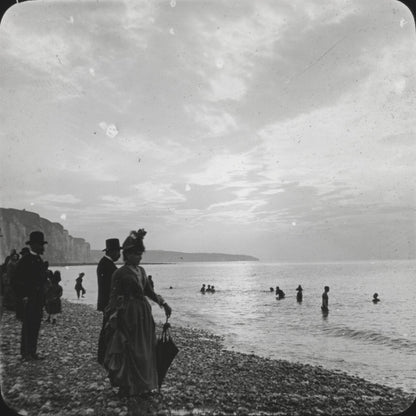 Mers-les-Bains, plage, Somme, photo ancienne plaque verre, positif 8,5x10 cm