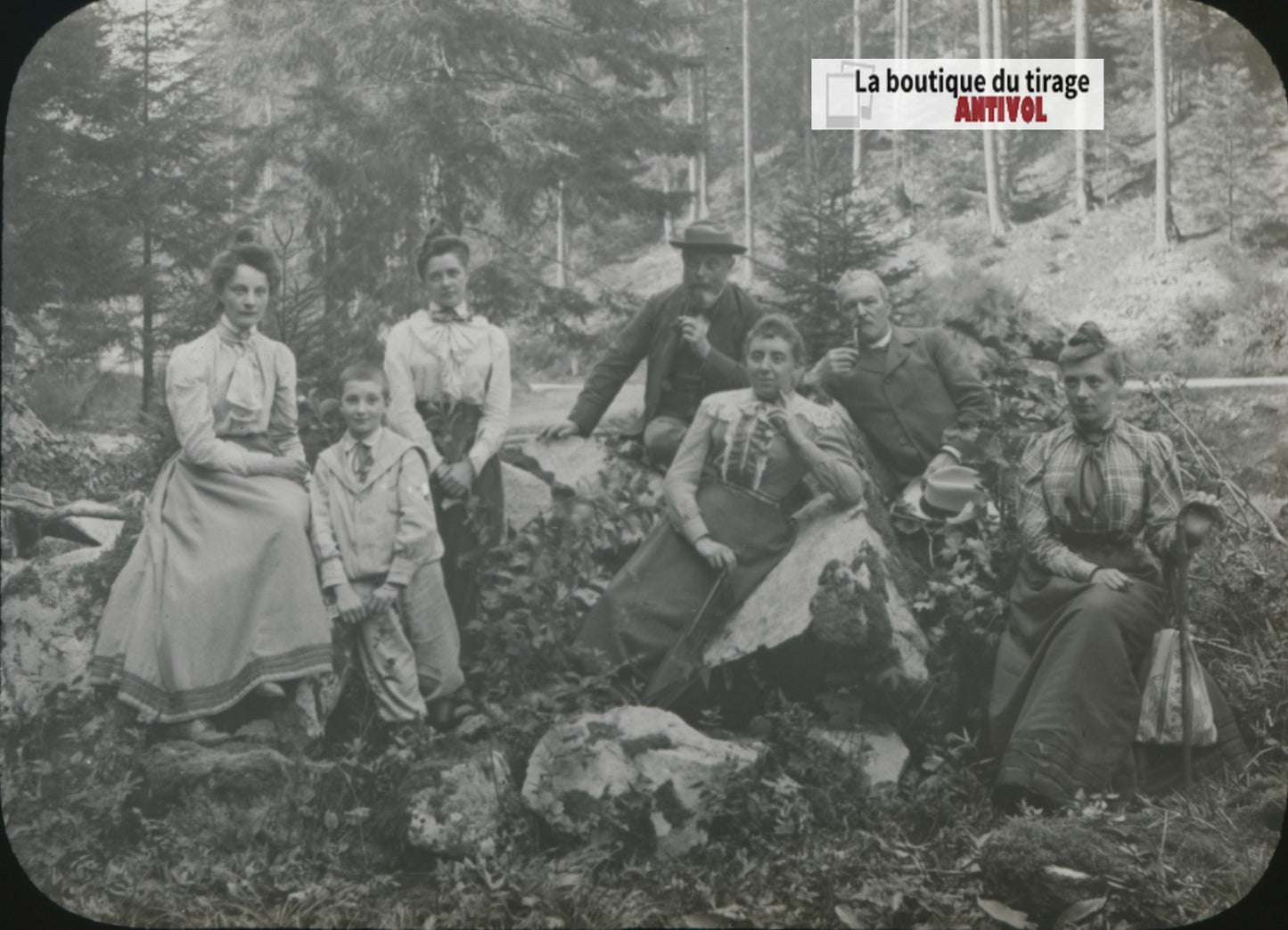 Famille, promenade, photo plaque de verre, noir & blanc, positif 8,5x10 cm