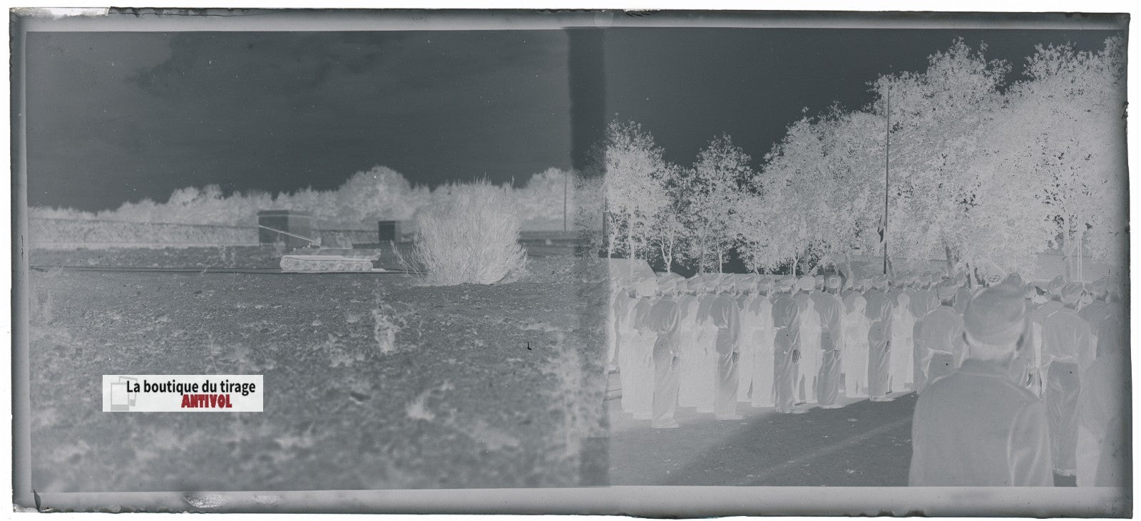 Camp du Ruchard, char, plaque verre, photo ancienne, négatif N&B 6x13 cm